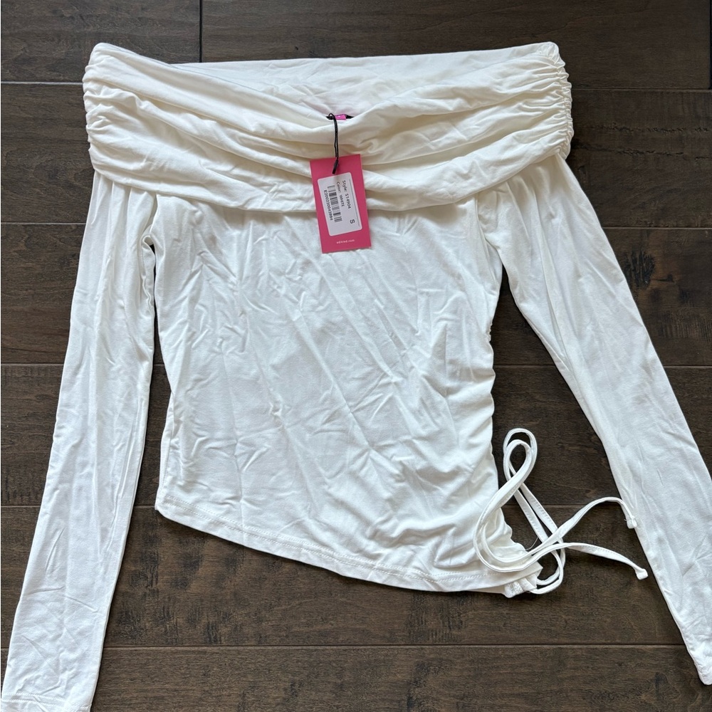 Edikted White Off the Shoulder Ruched Tie Side Long Sleeve Blouse